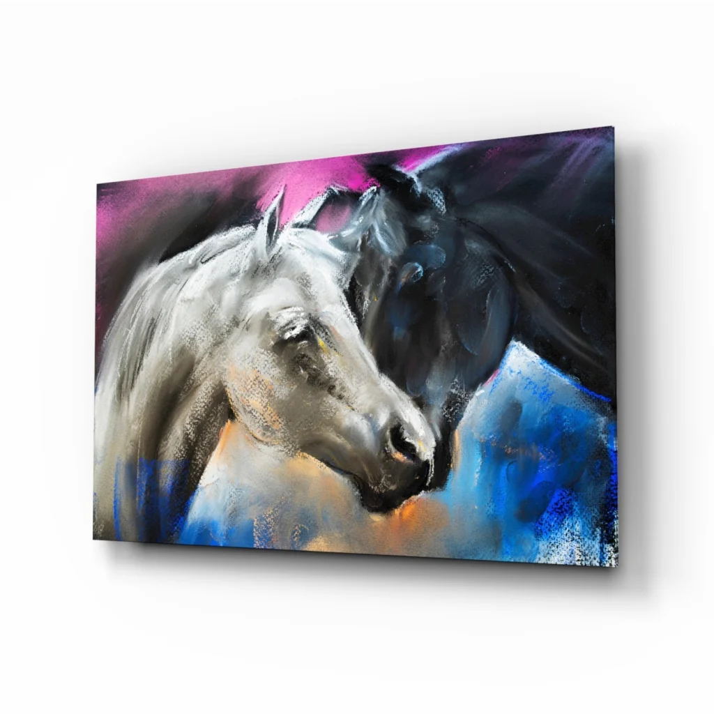 Vibrant abstract horses in motion on pink glass wall art