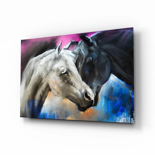 Vibrant abstract horses in motion on pink glass wall art