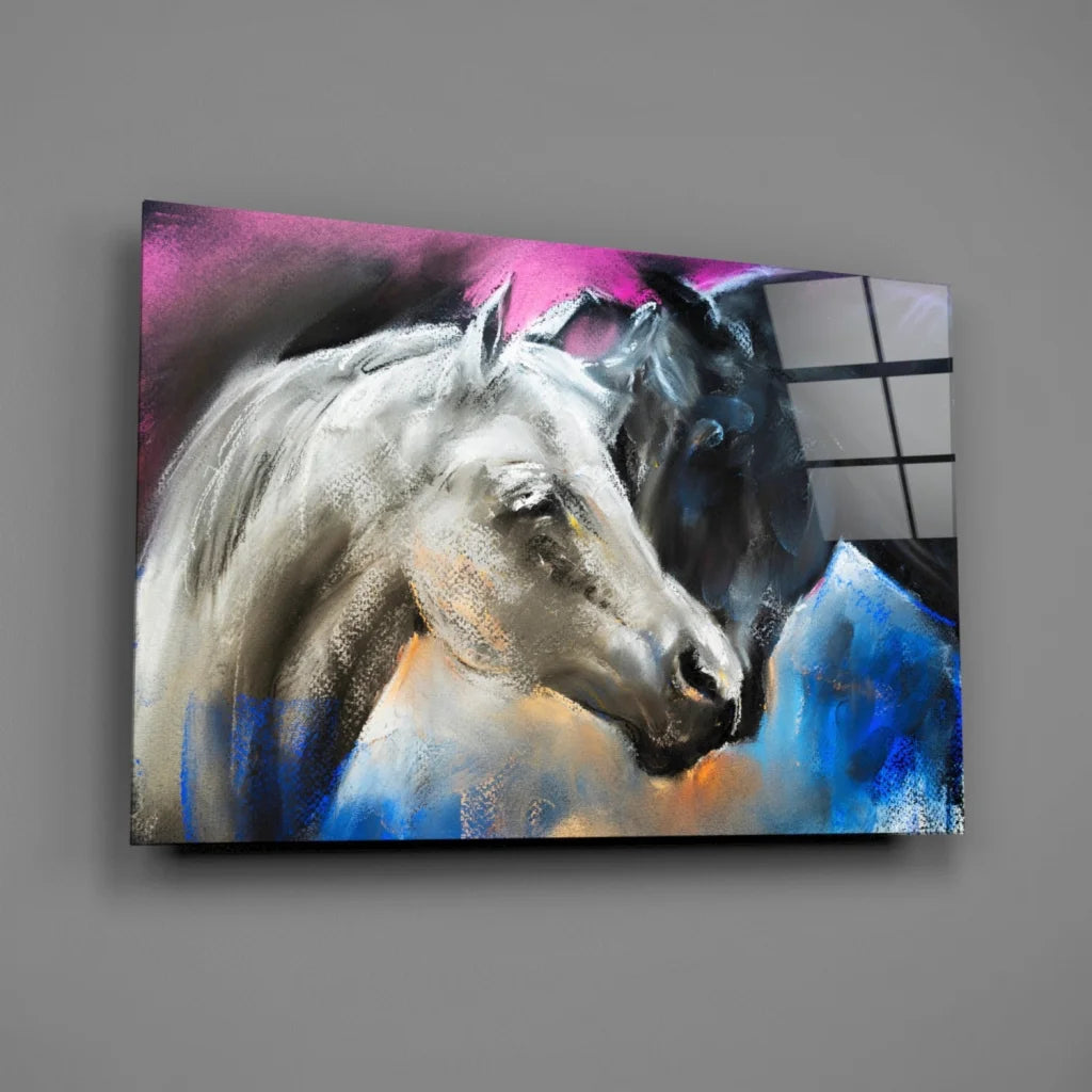 Vibrant abstract horses glass wall art in motion on canvas print
