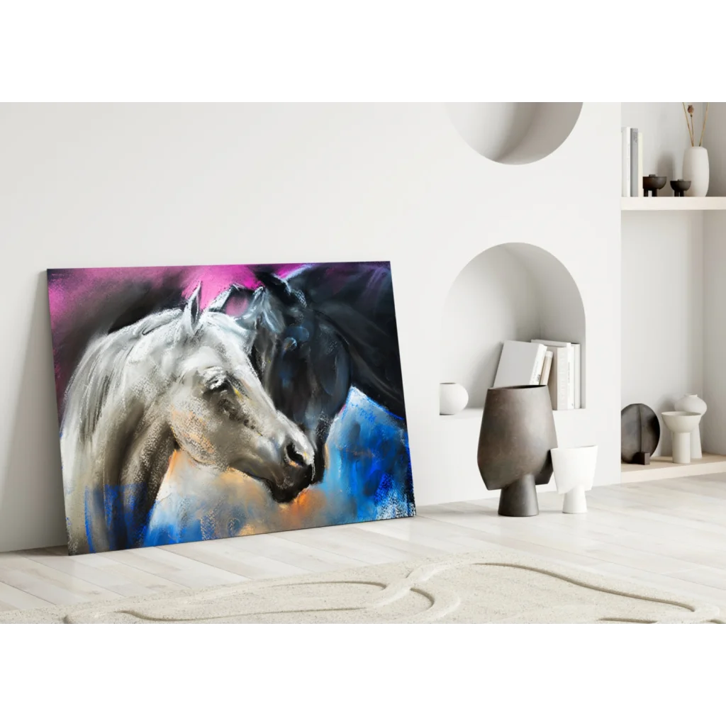 Vibrant abstract horses glass wall art in motion with glossy finish