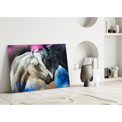 Vibrant abstract horses glass wall art in motion with glossy finish