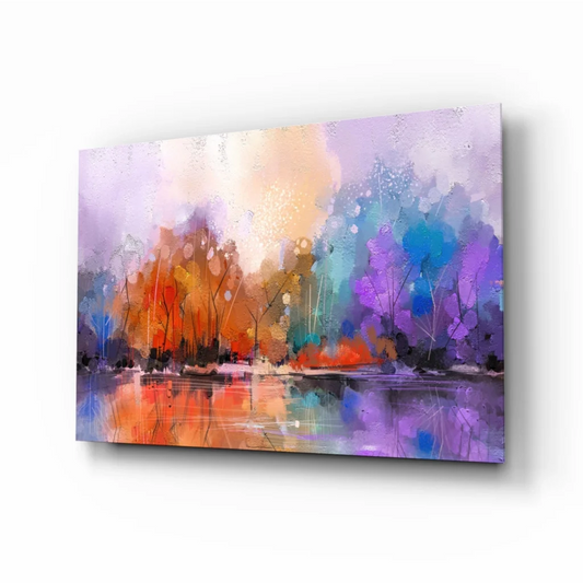 Vibrant abstract landscape glass wall art canvas with purple orange teal hues and reflective waters