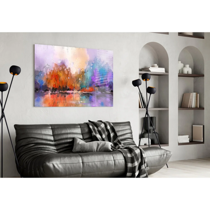 Vibrant abstract watercolor wall art with purple, orange, blue swirls above black sofa