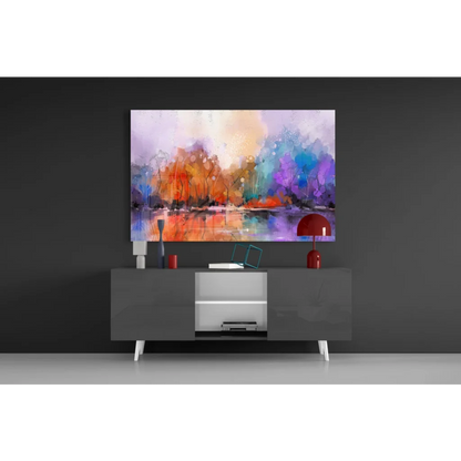 Vibrant abstract watercolor wall art with reflective glass waters