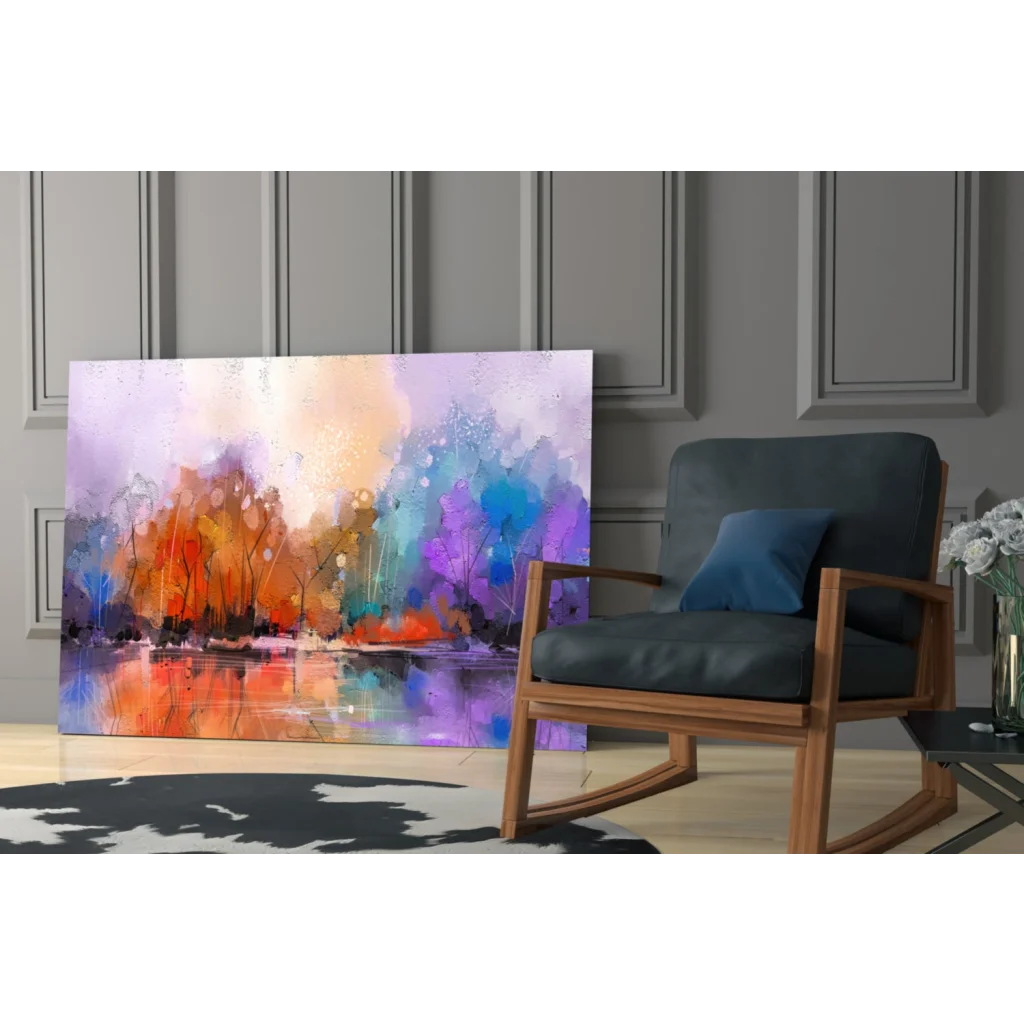 Vibrant abstract landscape canvas wall art with purple, orange, blue, teal hues