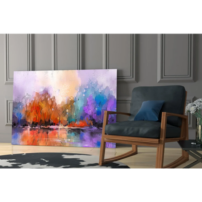 Vibrant abstract landscape canvas wall art with purple, orange, blue, teal hues