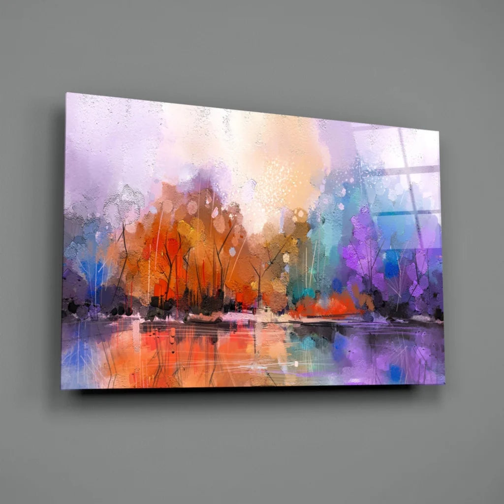 Vibrant abstract landscape glass wall art with orange, purple, teal splashes on reflective water