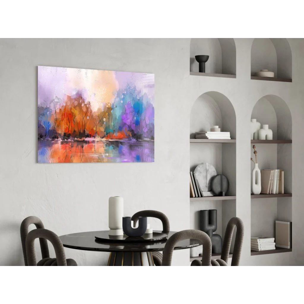 Vibrant abstract landscape wall art with purple orange blue teal hues on reflective waters