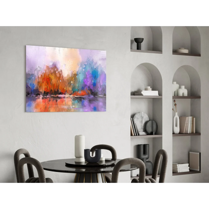 Vibrant abstract landscape wall art with purple orange blue teal hues on reflective waters
