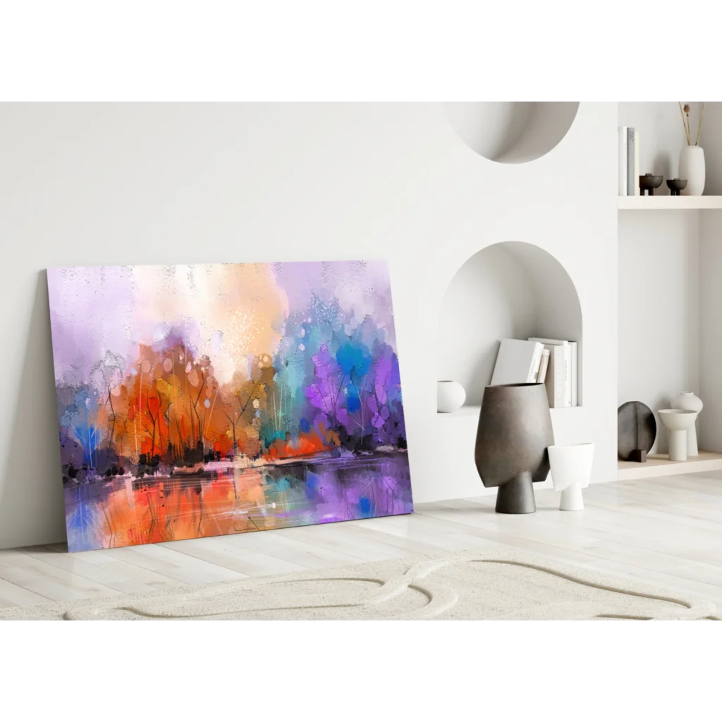 Vibrant abstract landscape glass wall art with purple orange blue teal hues and reflective waters