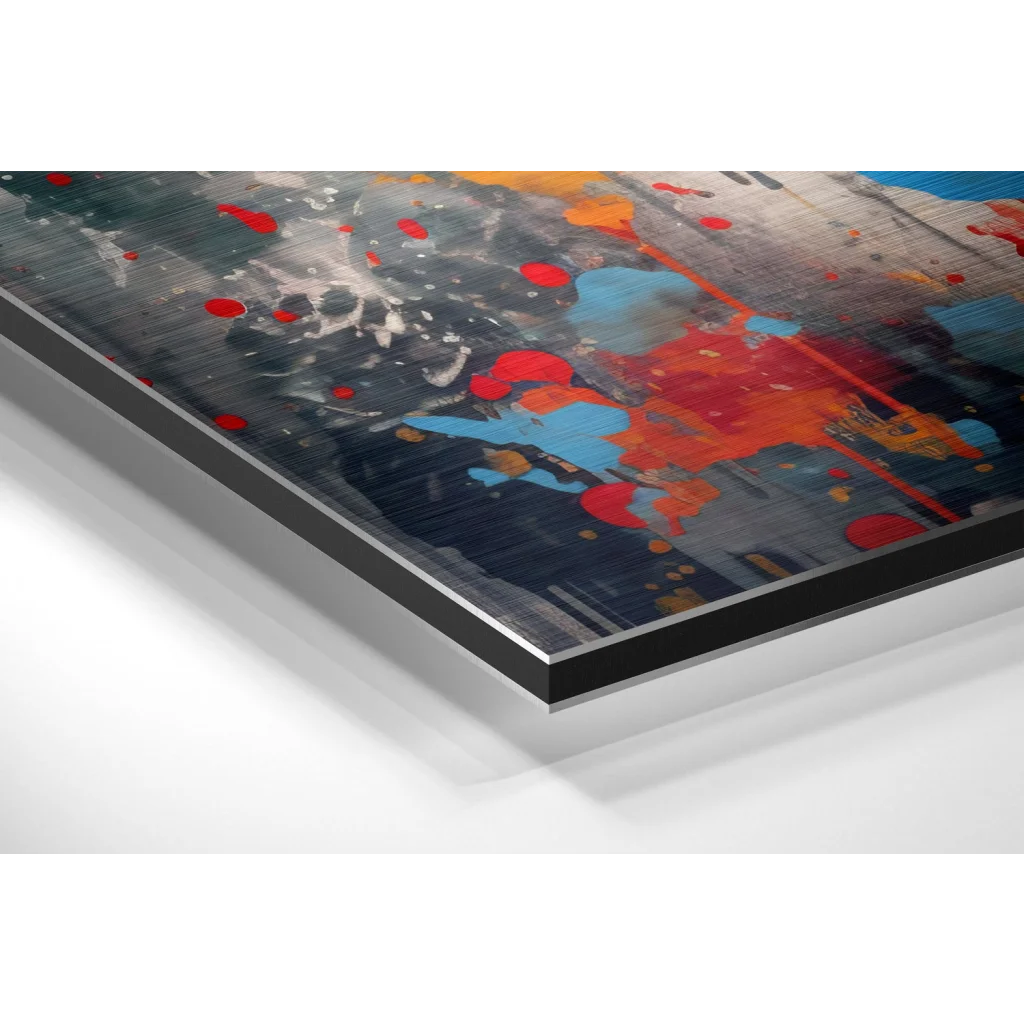 Glass Wall Art Vibrant abstract lips art print on brushed aluminium dibond, colorful splashes on black