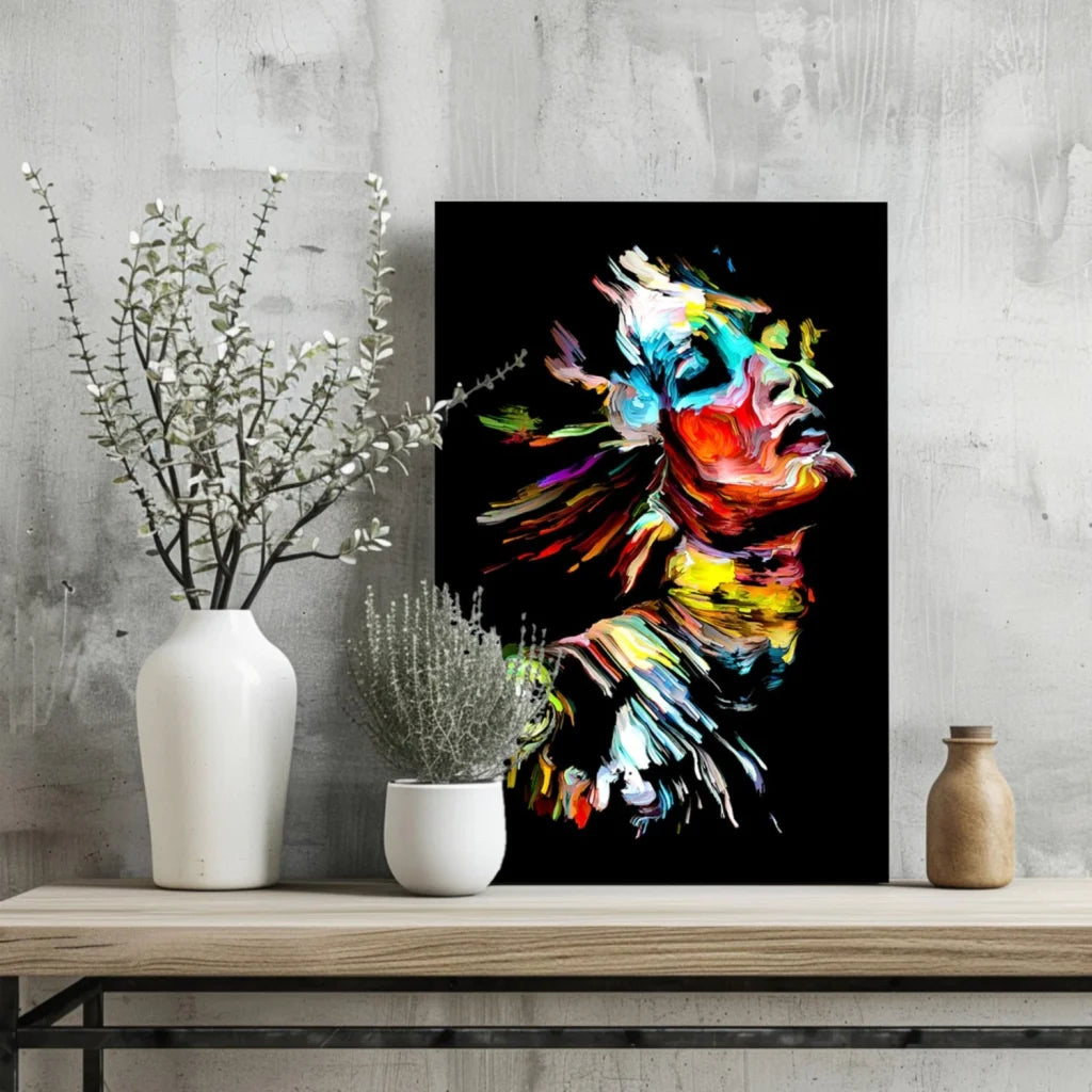 Vibrant abstract portrait canvas art with bold dynamic brushstrokes on black background