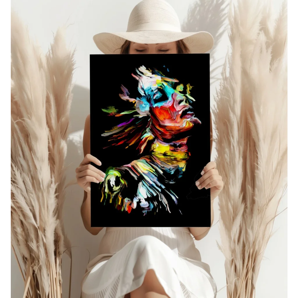 Vibrant abstract portrait canvas with colorful face and bold brushstrokes on black background