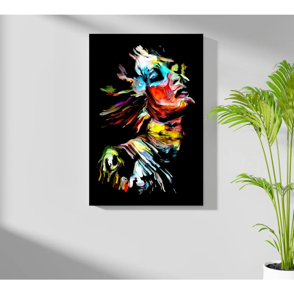 Vibrant abstract portrait canvas with bold dynamic brushstrokes on black background