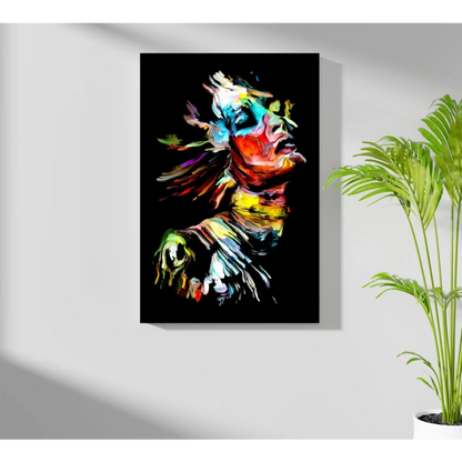 Vibrant abstract portrait canvas with bold dynamic brushstrokes on black background