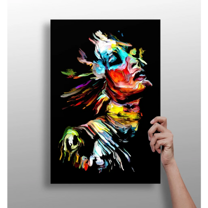 Vibrant abstract portrait canvas of person with flowing hair on black background