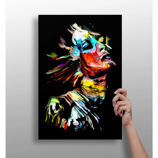 Vibrant abstract portrait canvas of person with flowing hair on black background