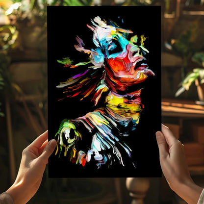 Vibrant abstract portrait canvas with bold dynamic brushstrokes on black background