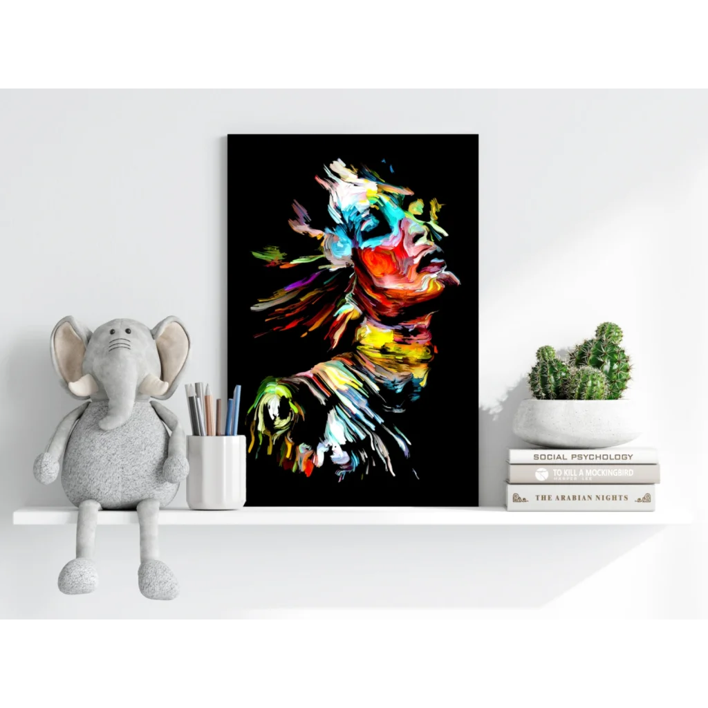Vibrant abstract portrait canvas with bold dynamic brushstrokes on black background