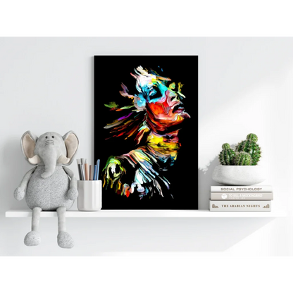 Vibrant abstract portrait canvas with bold dynamic brushstrokes on black background