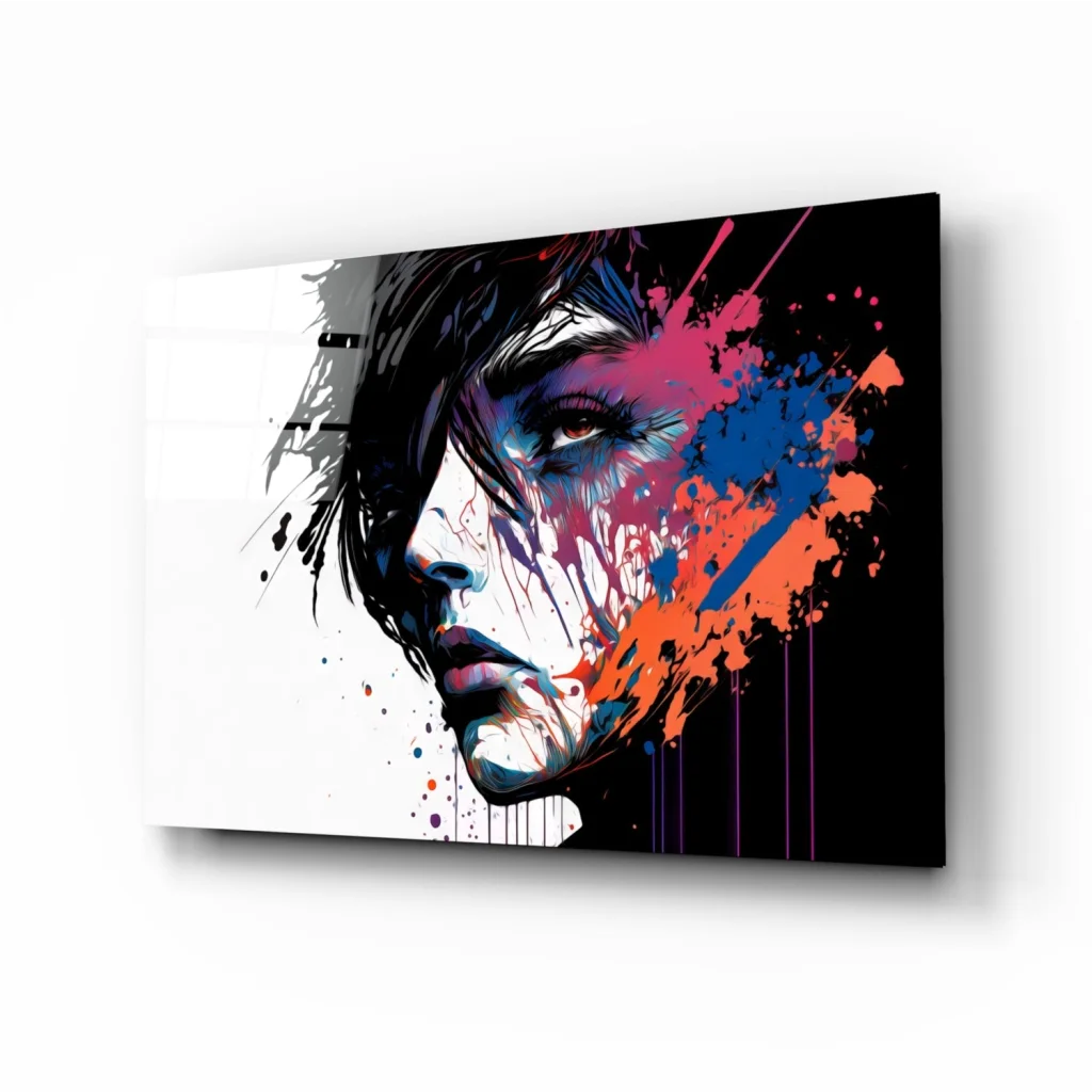 Vibrant abstract portrait canvas wall art with bold pink, orange, blue splashes on black-and-white face