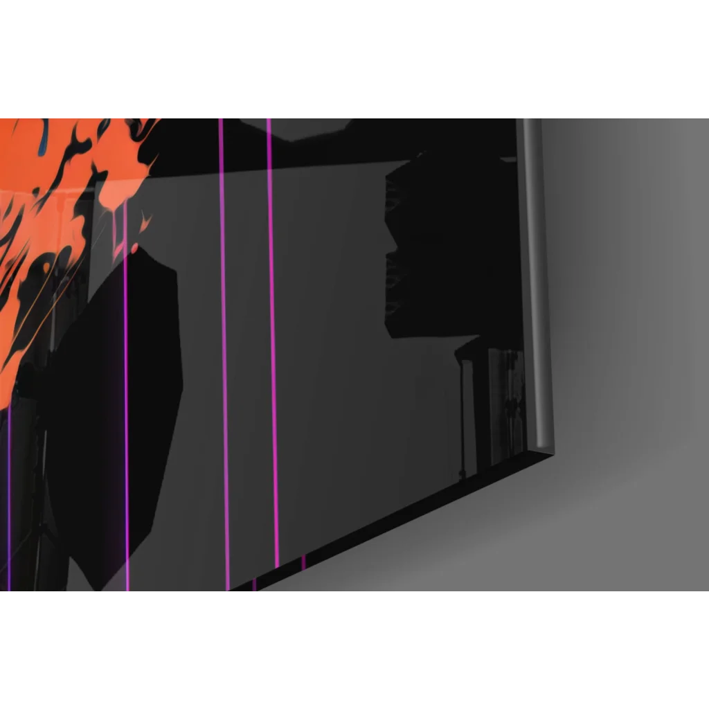 Sleek black monitor with vibrant orange and purple neon lines on glass wall art