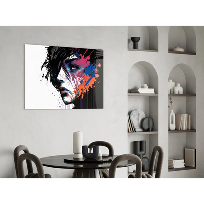Vibrant abstract portrait canvas wall art with bold pink, blue, orange splashes