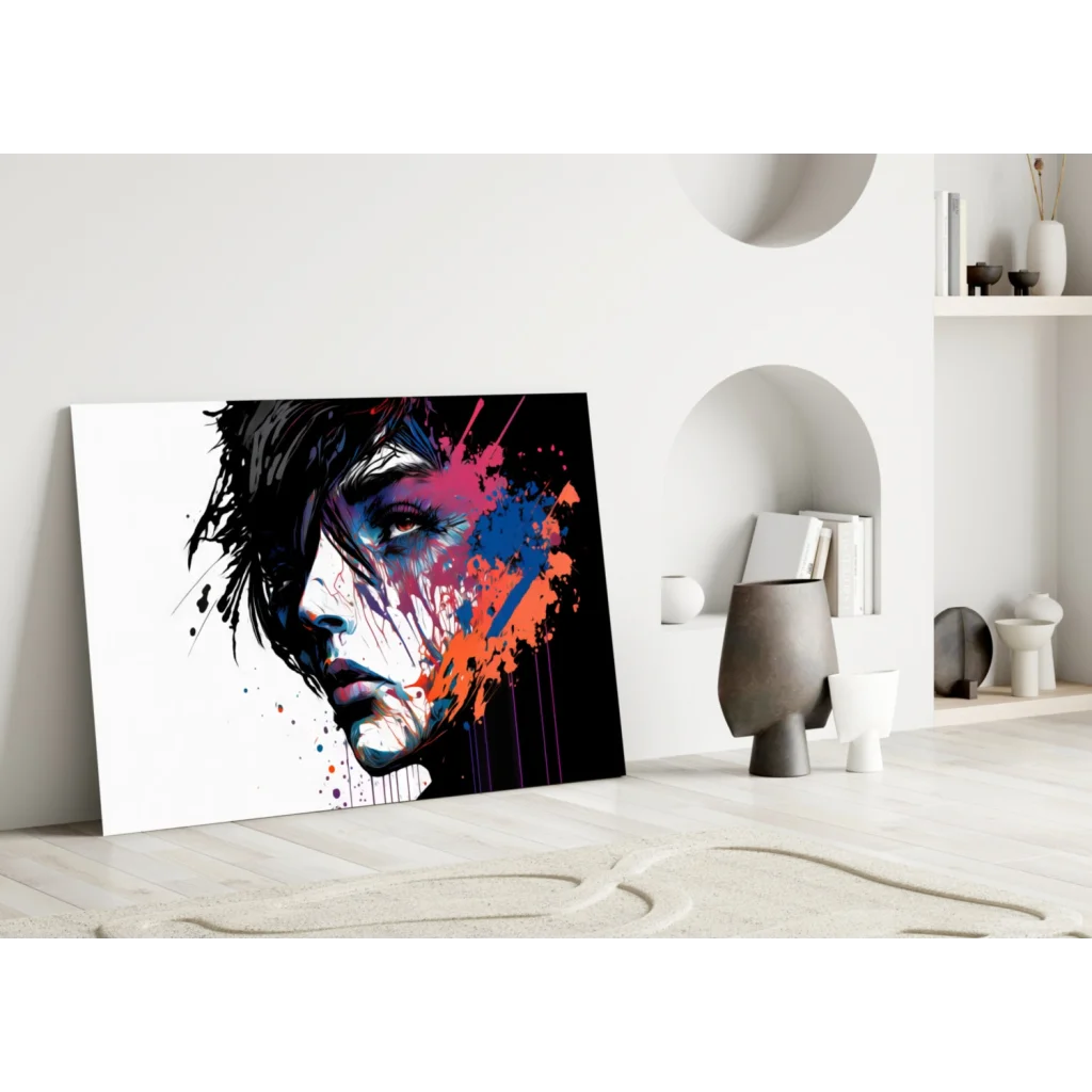 Vibrant abstract portrait canvas wall art with bold pink, blue, orange splashes on black