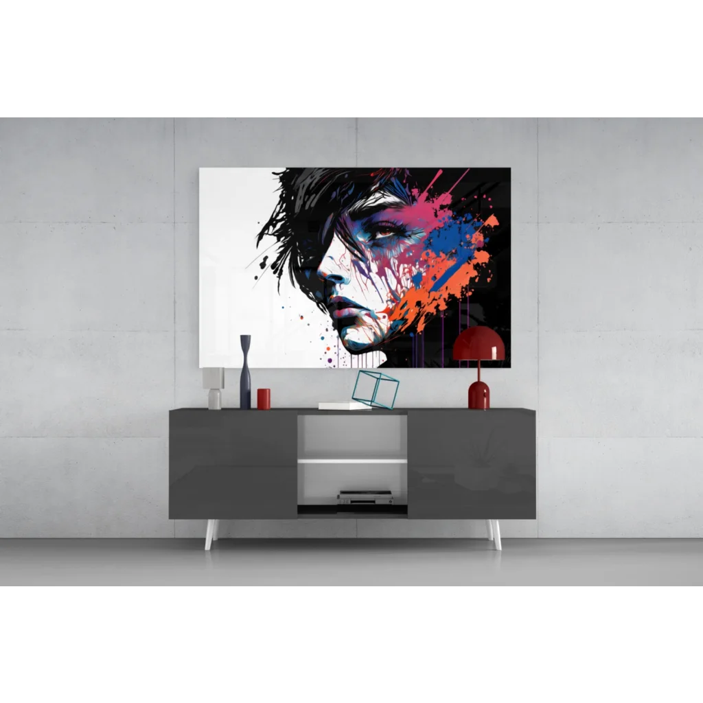 Vibrant abstract portrait canvas wall art with bold pink, blue, orange splashes