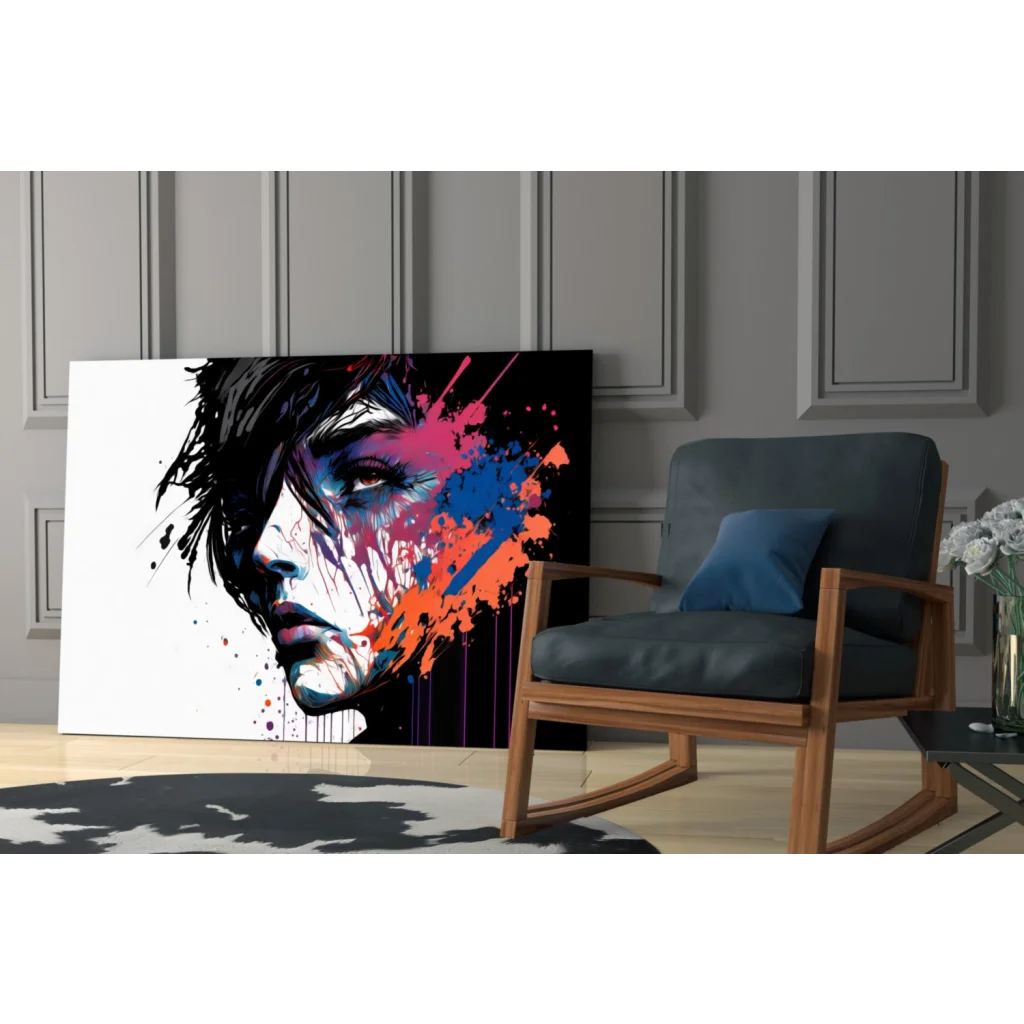 Vibrant abstract portrait canvas wall art with bold pink blue orange splatters