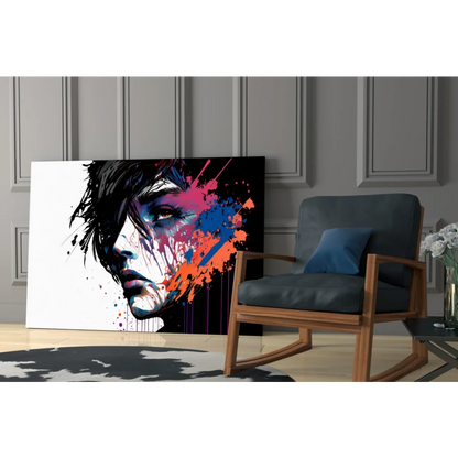 Vibrant abstract portrait canvas wall art with bold pink blue orange splatters