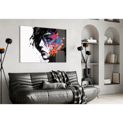 Vibrant abstract portrait canvas wall art with bold pink, blue, orange splashes