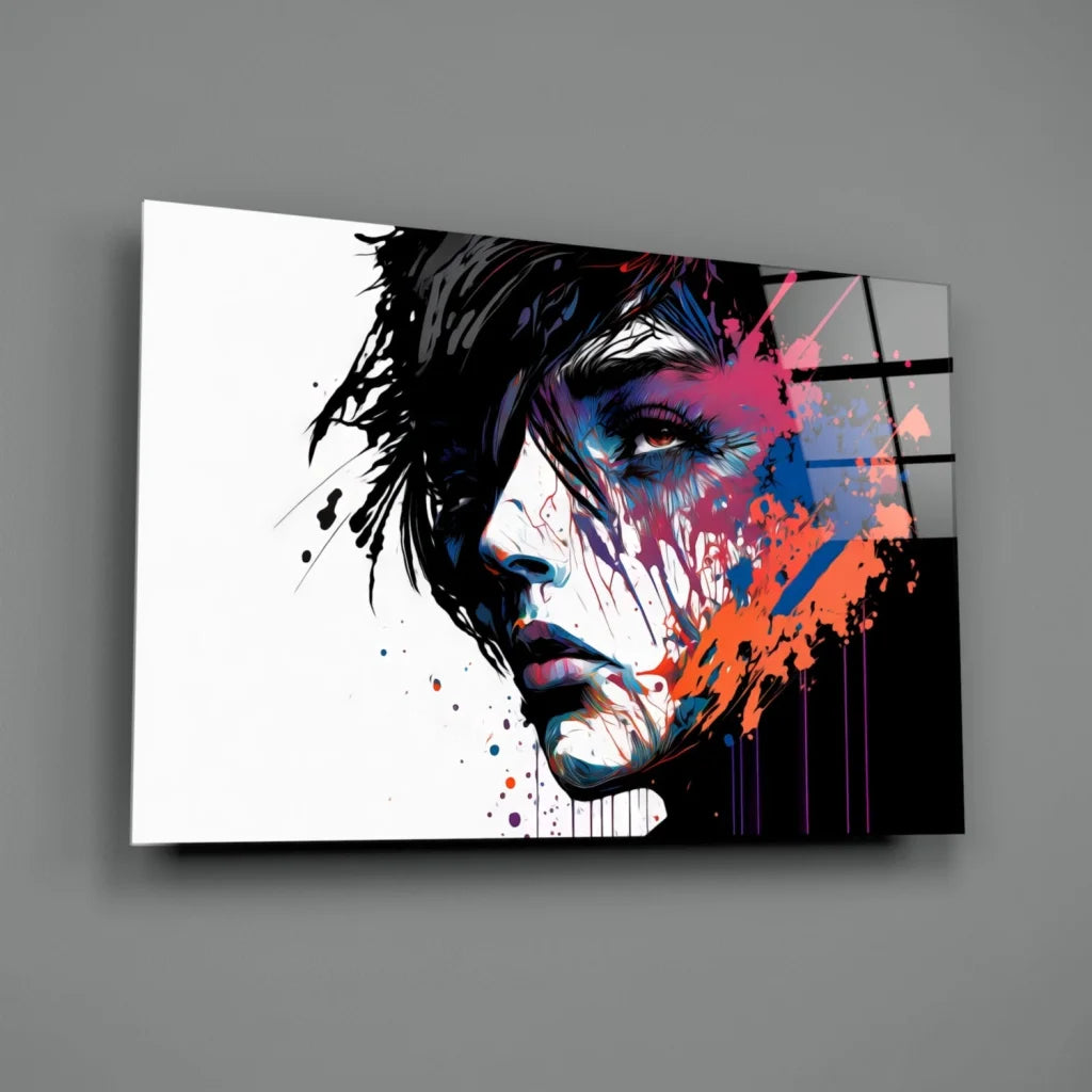 Vibrant abstract portrait canvas wall art with bold pink, orange, blue splashes