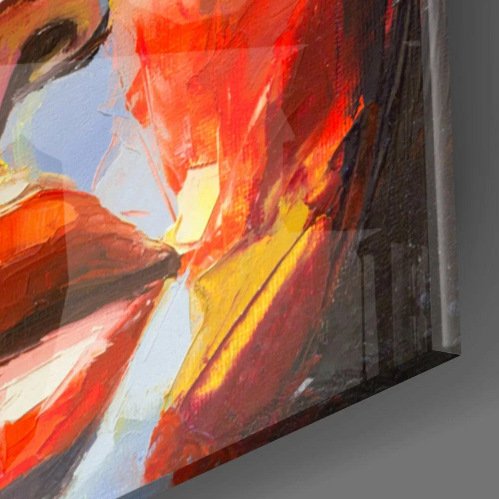 Vibrant abstract wall art with bold red, orange, yellow strokes on blue