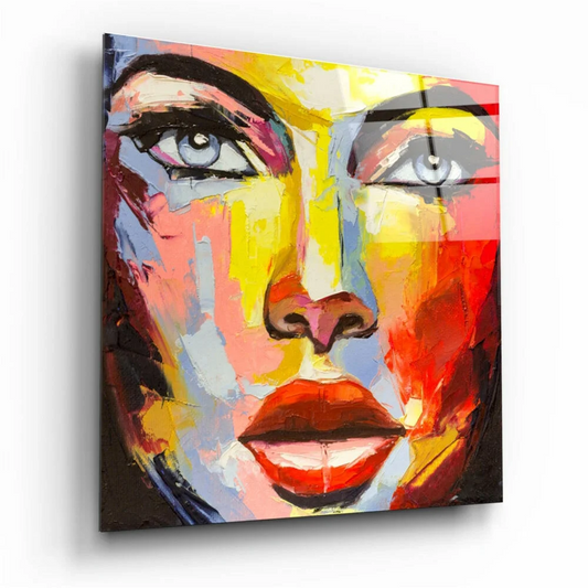 Vibrant abstract portrait wall art with bold yellow, red, blue strokes, silver eyes, crimson lips