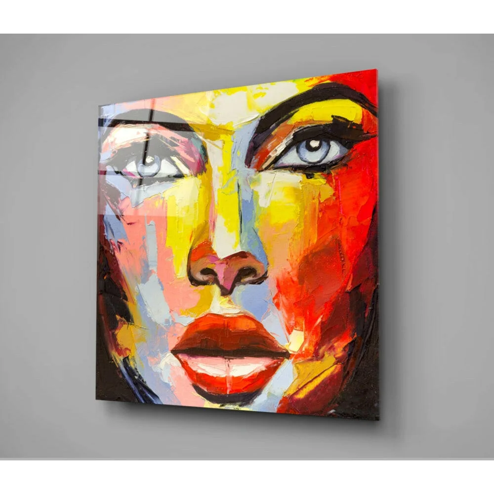 Vibrant abstract portrait wall art with bold yellow, red, blue brushstrokes and striking eyes