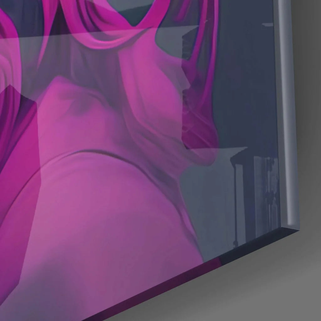 Vibrant pink 4K smart TV in sleek black frame glass wall art