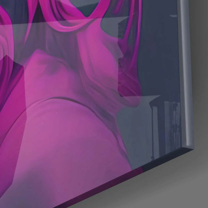 Vibrant pink 4K smart TV in sleek black frame glass wall art