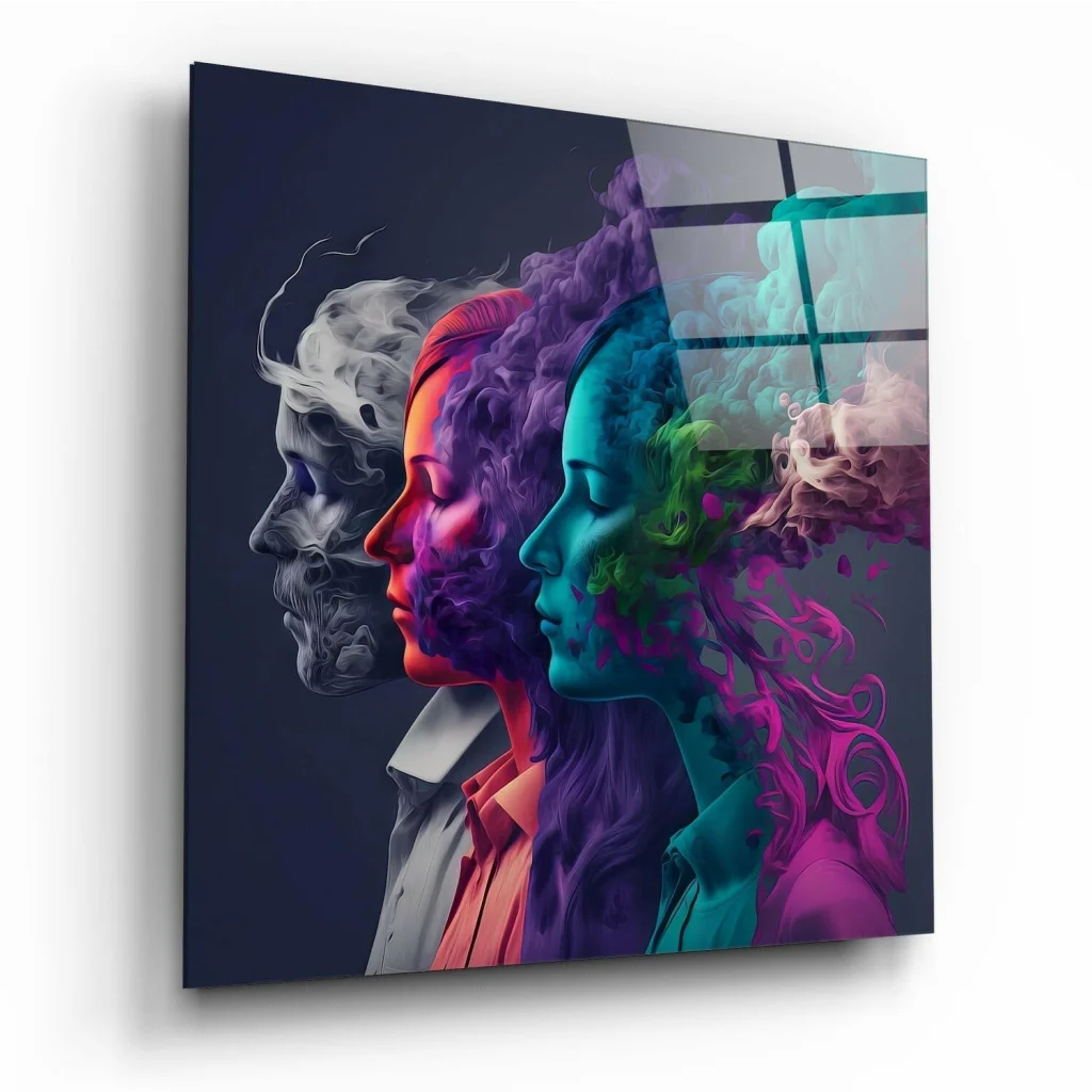 Vibrant abstract smoke portrait glass wall art canvas print with three colorful faces