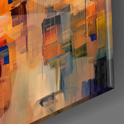 Vibrant abstract tempered glass art with bold colors and glossy finish