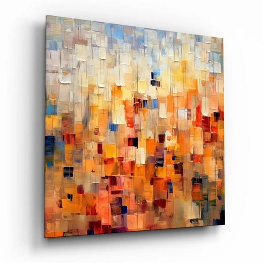 Vibrant abstract tempered glass art in orange, yellow, blue hues