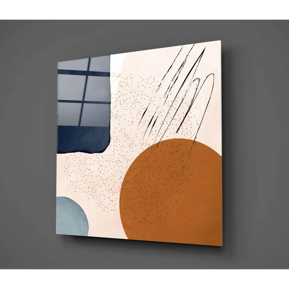 Vibrant orange blue abstract tempered glass art with black lines