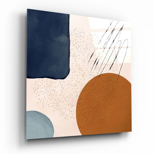 Vibrant abstract tempered glass art in navy, beige, orange hues