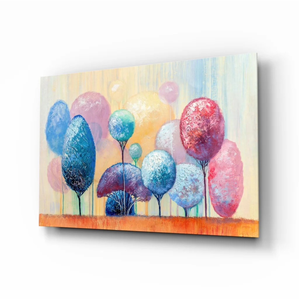 Vibrant pastel abstract tree glass wall art canvas print with glossy finish