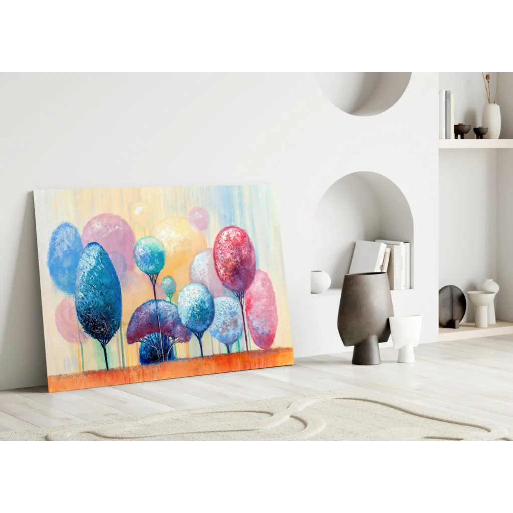 Vibrant abstract tree glass wall art canvas print with orange base