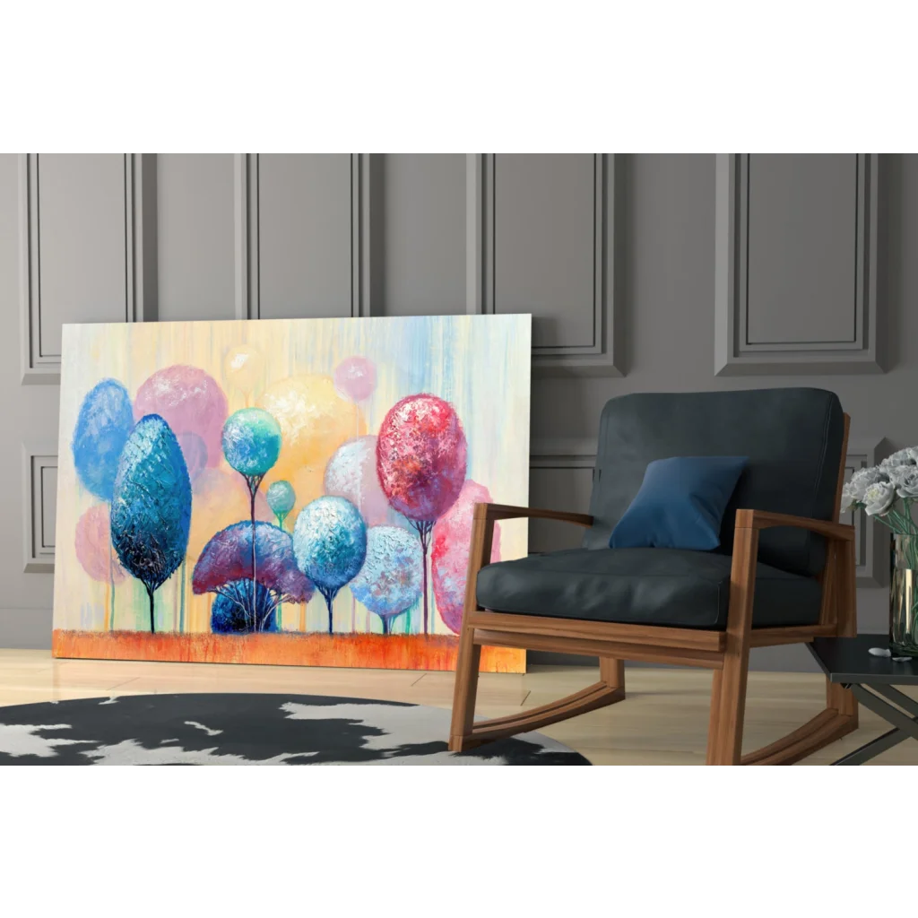 Vibrant abstract tree glass wall art canvas print with colorful balloons