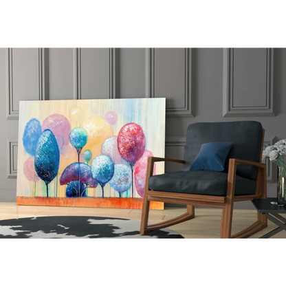 Vibrant abstract tree glass wall art canvas print with colorful balloons