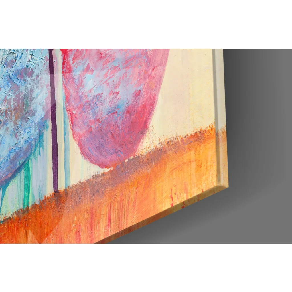 Vibrant abstract tree glass wall art canvas print with wooden frame