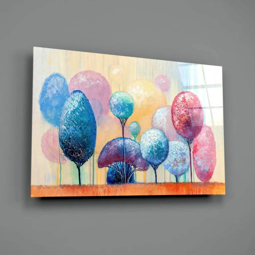 Vibrant blue and pink abstract tree glass wall art canvas print