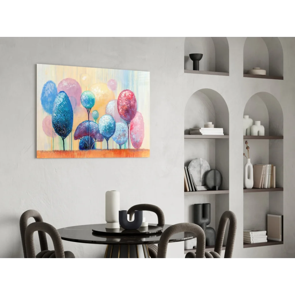 Vibrant abstract tree glass wall art with colorful balloons in blue, pink on orange